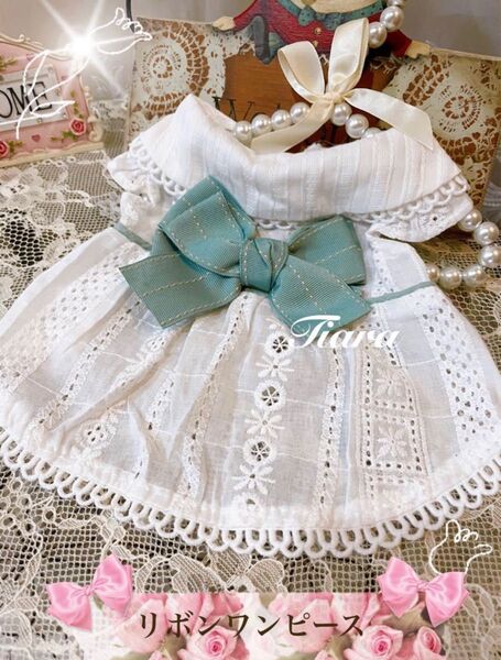 コットン可愛いワンピース デニムリボン 犬服猫服