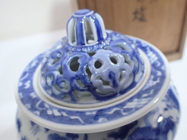豊JE154/6J◇九谷焼染付香炉龍紋藍九谷香爐陶源共箱あり美品
