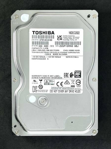 【送料無料】 ★ 1TB ★　TOSHIBA　/　DT01ACA100　【使用時間： 7 ｈ】　2022年製　新品同様　3.5インチ 内蔵HDD　SATA600/7200rpm