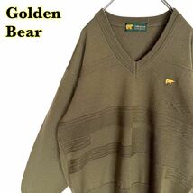 Golden Bear ゴールデンベア　長袖ニット　Vネック　カーキ　くま刺繍　メンズ　Lサイズ　【AY1204】_画像1