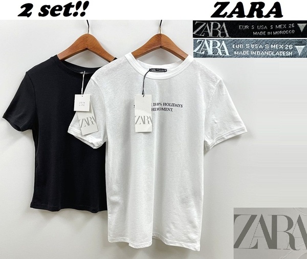 2セット 未使用品 /S/ ZARA ホワイト ブラック 半袖Tシャツ レディース タグ カジュアル トップス 通勤 定番 黒白大人可愛い デイリー ザラ