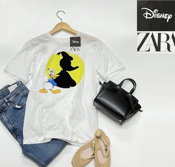 未使用品 /S/ ZARA Disney ホワイト ドナルド半袖Tシャツ レディース タグ カジュアル トップス ディズニー 大人可愛いレジャー コラボザラ