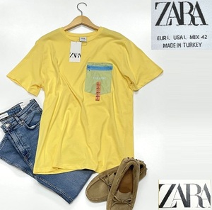 未使用品 /L/ ZARA イエロー ポケット半袖Tシャツ メンズ レディース タグ カジュアル アウトドア プールトップス 通勤 定番 デイリー ザラ