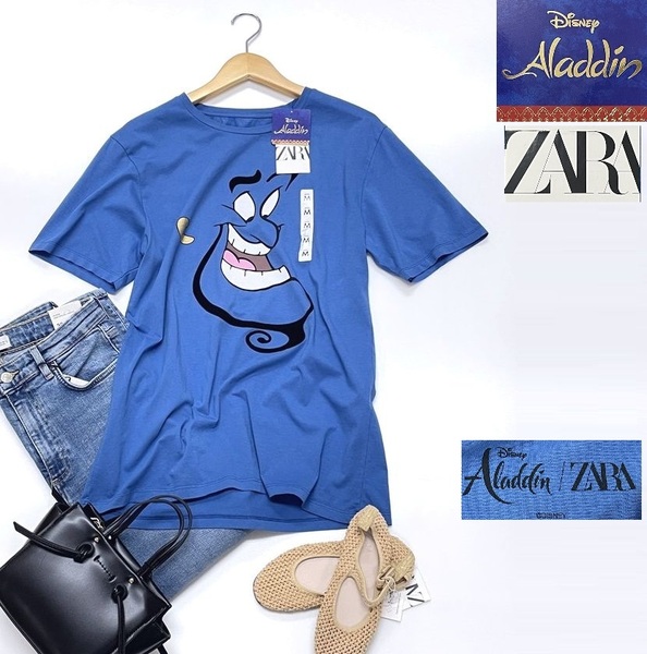 未使用品 /M/ ZARA Disney ブルー アラジン ジーニー半袖Tシャツ レディース タグ カジュアル トップス ディズニー 大人可愛い コラボ ザラ