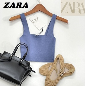 未使用品 /S/ ZARA ブルー ノースリーブ レディース タグ カジュアル トップス クロップド タンクトップフェミニン大人可愛いデイリー ザラ