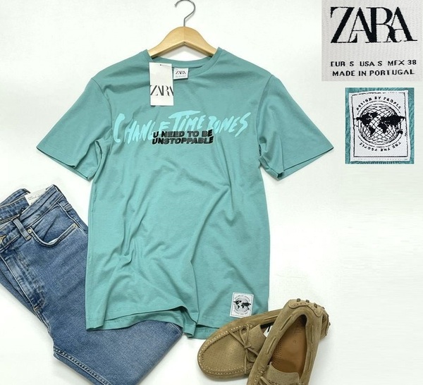 未使用品 /S/ ZARA グリーン ロゴプリント半袖Tシャツ メンズ レディース タグ カジュアル トップス アウトドア キャンプ 緑 デイリー ザラ