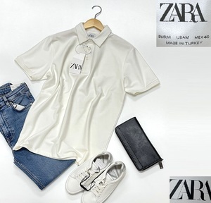 未使用品 /M/ ZARA ホワイト 半袖ポロシャツ メンズ レディース タグ カジュアル アウトドア ゴルフトップス 通勤 定番 デイリー 白色 ザラ