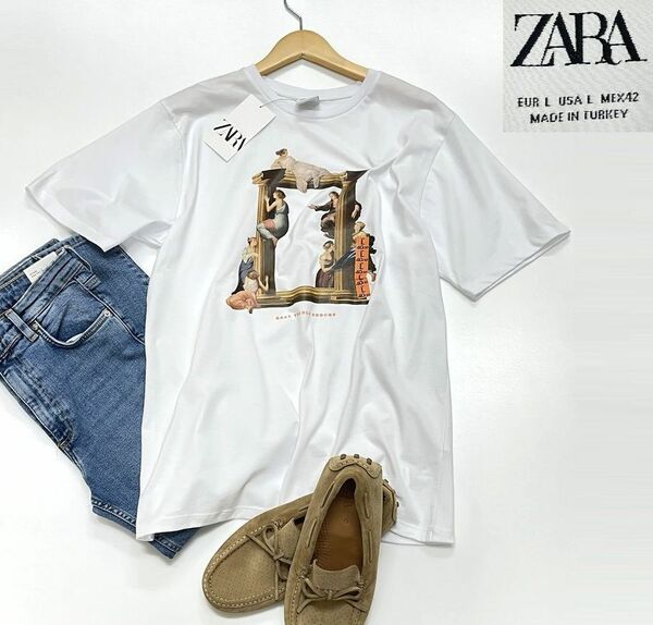 未使用品 /L/ ZARA ホワイト アートプリント半袖Tシャツ メンズ レディース タグ カジュアル トップス アウトドア キャンプ デイリー ザラ