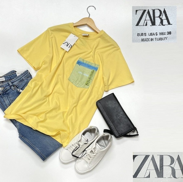未使用品 /S/ ZARA イエロー ポケット半袖Tシャツ メンズ レディース タグ カジュアル アウトドア プールトップス 通勤 定番 デイリー ザラ