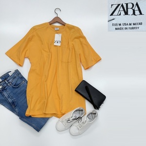 未使用品 /M/ ZARA オレンジ 半袖Tシャツ メンズ レディース タグ カジュアル アウトドア キャンプ トップス 通勤 ポケット デイリー ザラ