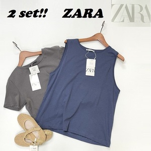 2セット 未使用品 /L/ ZARA チャコール 半袖Tシャツ ネイビー ノースリーブ レディース タグ カジュアル トップス 大人可愛いデイリー ザラ