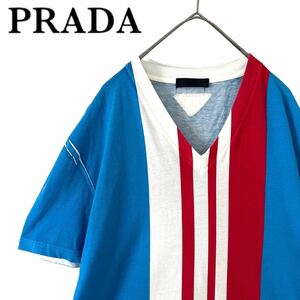 [ бесплатная доставка ]PRADA Prada треугольник Logo полоса футболка короткий рукав мужской синий красный голубой красный L