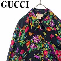 【送料無料】GUCCI グッチ　花柄　ボタニカル　シャツ　レディース　シルク　長袖　44 マルチカラー_画像1