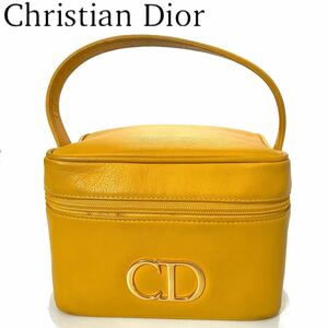 【送料無料】Christian Dior クリスチャンディオール　バニティバッグ　金具　黄色　イエロー　CD ポーチ　本革　レザー