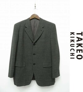 D288/美品 TAKEO KIKUCHI ツイード テーラードジャケット ストライプ 3つボタン 背抜き ノーベント ウール 3 L～XL 深緑 ダークグリーン