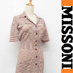 HGA-B294/美品 オレンジタグ MISSONI ニットブラウス カーディガン 総柄 オープンカラー 半袖 5分袖 ストレッチ 40 M 赤 ブラウンの画像1