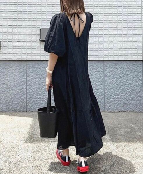 背中リボン ワンピース フレア フリル パフスリーブ ボリュームスリーブ
