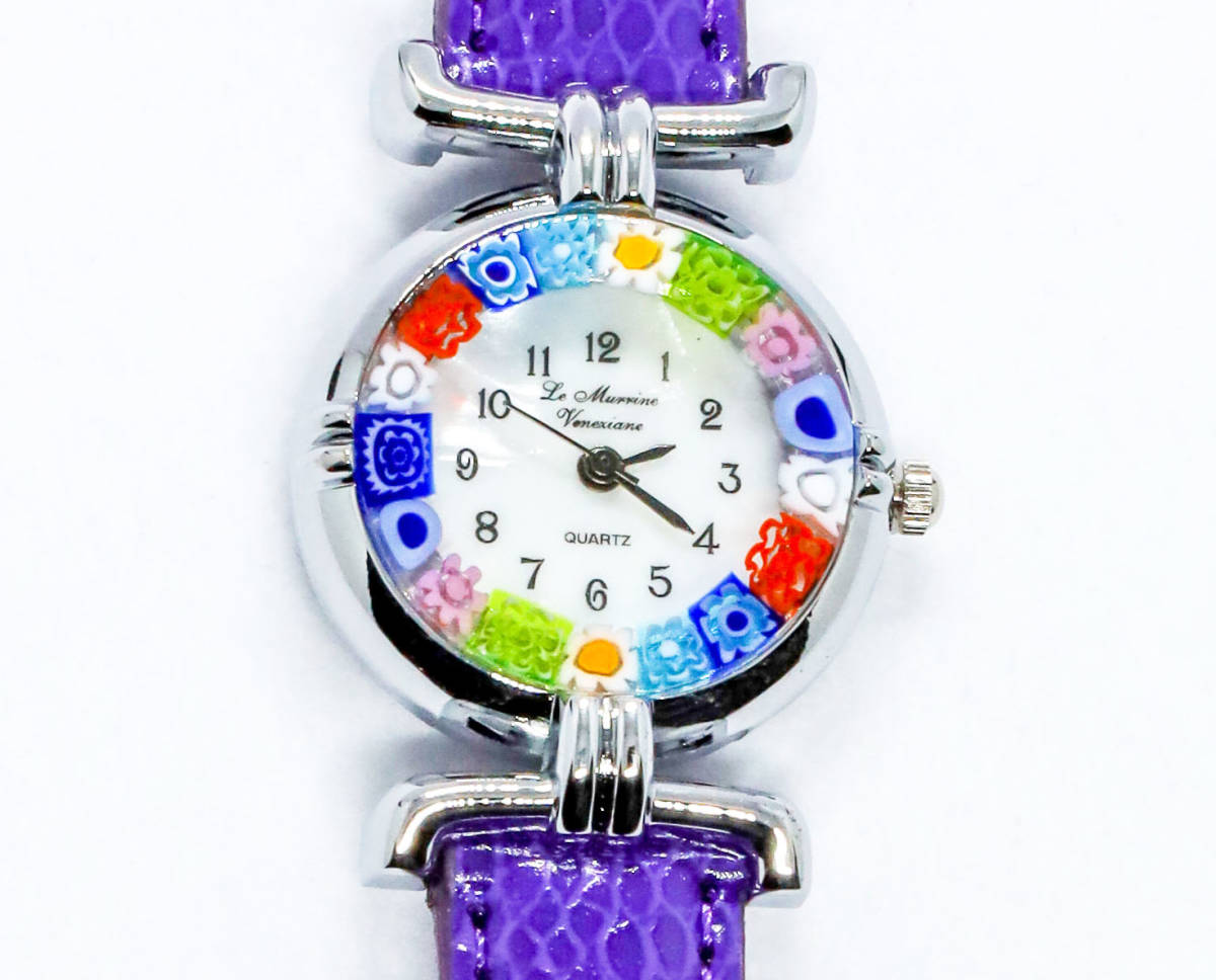 [Livraison gratuite] Fabriqué en Italie Montre artisanale en verre vénitien faite à la main en cristal de Murano Millefiori (argent violet), Analogique (type quartz), 3 aiguilles (heure, minutes, secondes), autres