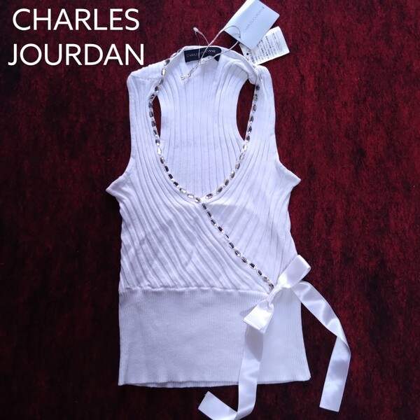 新品 タグ付き CHARLES JOURDAN ビジュー カシュクール リブニット ホワイト ノースリーブ レーサーバック シャルルジョルダン Brandnew