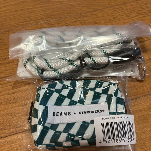 お値下げ★スターバックス　BEAMS ミニポーチ チェッカー ＆YOSEMITE STRAP ホワイト　２点セット　Starbucks