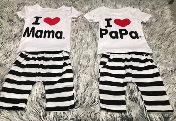 【2セット】キッズ服 上下セット I Love MaMa ロゴ Tシャツ ボーダーパンツ