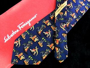 ♪今週の特売980円～♪2073♪良品【Ferragamo】フェラガモ【人物 植物 鳥 車夫 柄】ネクタイ♪