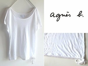 ネコポス対応 agnes b. アニエスベー 裾ドローコード リネン天竺 フレンチスリーブ プルオーバー Tシャツ 半袖 カットソー 3 白 ホワイト