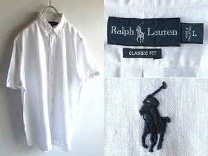 希少 00sビンテージ Ralph Lauren ラルフローレン CLASSIC FIT ポロポニーロゴ刺繍 半袖 リネン シャツ BDシャツ L ホワイト 白 ネコポス可