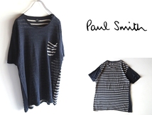 ネコポス対応 PS Paul Smith ポールスミス ボーダー切替 リネンニット ポケットTシャツ 半袖 カットソー L インディゴ ネイビー ホワイト_画像1