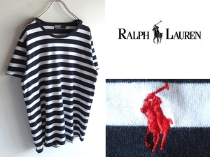 ネコポス可 Polo by Ralph Lauren ラルフローレン 裾ポニー ロゴ刺繍 コットン ボーダーTシャツ 半袖 カットソー L ネイビー ホワイト 紺白