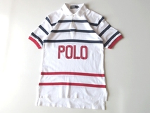 希少 90sビンテージ Polo by Ralph Lauren ラルフローレン ロゴプリント トリコカラー ボーダー ポロシャツ M ホワイト レッド ネイビー_画像2