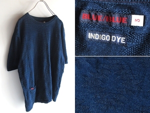 ネコポス対応 BLUE BLUE ブルーブルー INDIGO DYE インディゴ染色 ネイティブ織柄 コットン ジャガードニット ポケット付 Tシャツ 3/L 藍色