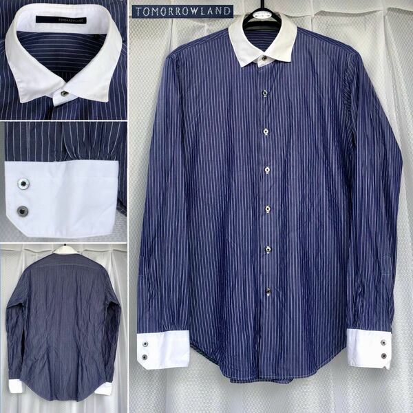 訳有 シルク混★TOMORROWLAND ストライプ柄 クレリックシャツ NAVY × WHITE★ドレスシャツ 長袖シャツ トップス 紺 白 トゥモローランド