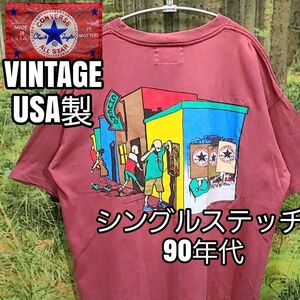 希少 90s 90年代 USA製 ビンテージ CONVERSE バックプリント シングルステッチ vintage Tシャツ くすみ