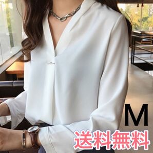 レディース ブラウス シャツ 白 ホワイト トップス 長袖 M Vネック オフィス 通勤 就活 きれいめ