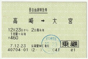 平成７年１２月２３日から有効　Ｂ自由席特急券（乗継）　高崎→大宮　長岡駅ＭＥ発行（長野車掌区検札印）