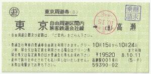 平成８年１０月１５日から有効　東京周遊券　自由周遊区間内→高瀬　１０月１１日高瀬駅００１発行（乗継請求印、新橋駅入鋏印）