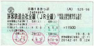 青春１８きっぷ　平成１９年夏シリーズ　８月８日伊勢崎駅ＭＥＭ発行（伊勢崎駅他入鋏印）