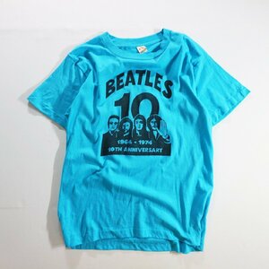 F□80年代 USA製 The Beatles 10Th Anniversary ビートルズ 10周年 記念 プリント 半袖 Tシャツ 音楽 バンド ブルー (M) 中古 古着 k4641