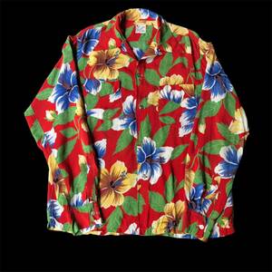 40s〜50s Grosdale Hibiscus Pattern Long Sleeve Aloha Shirt 40年代 50年代 ハイビスカス柄 長袖 アロハシャツ オープンカラー レーヨン