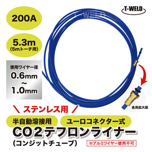 半自動溶接 CO2 トーチ ユーロコネクター 200A 長さ：5m ステンレス 用 テフロンライナー 1本単価