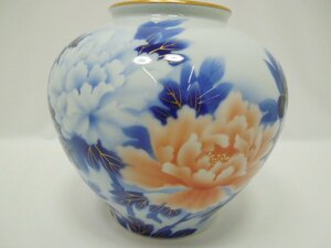 ‡ 0782 有田焼 深川製磁 金彩 紅白牡丹紋 花瓶 花器 花生 フラワーベース 茶道具 華道具 中古