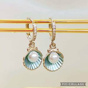 ☆貝殻のピアス シルバー☆ 銀 耳飾り イヤリング ハンドメイド アクセサリー パーティー 結婚式 二次会 普段使い ブルー 青 水色