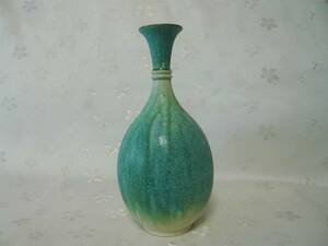 *USED★花瓶★つる首・まだら模様◆エメラルドグリーン色　高さ約24cm ★陶器★置物★2365
