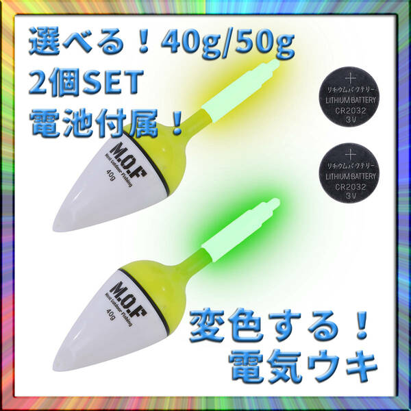 変色電気ウキ 40g/50g選択可 2個 電池付属 沈むと色が変わる 釣り フィッシング 釣果アップ 爆釣 仕掛け 