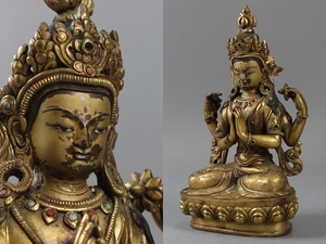 中国古玩 唐物 仏教美術 古銅造 鍍金 チベット仏 仏像 時代物 細密細工 古美術品[b728]