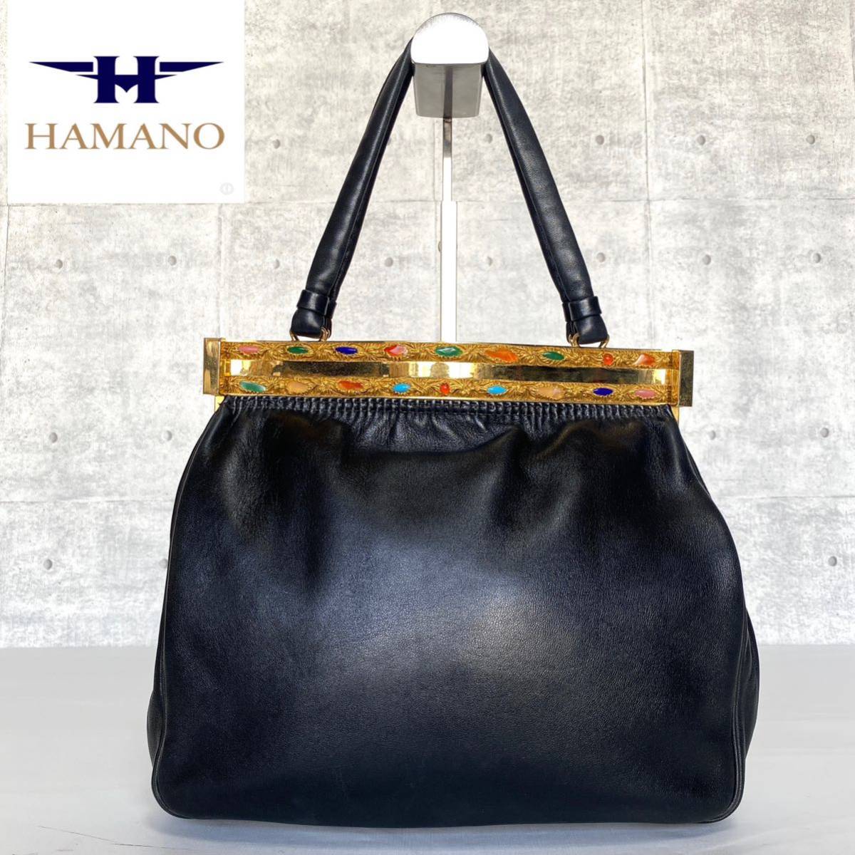 美品】Hamano 濱野皮革工藝 皇室御用達 ハンドバッグ ブラック-