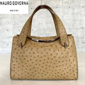 MAURO GOVERNA マウロゴヴェルナ マウロゴベルナ ベージュ オーストリッチ シルバー金具 レザー ハンドバッグ トートバッグ