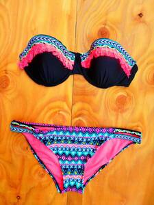 1 point!SALE!* new goods * neon color neitivu pattern ethnic swimsuit M size fringe [ conditions attaching free shipping ]