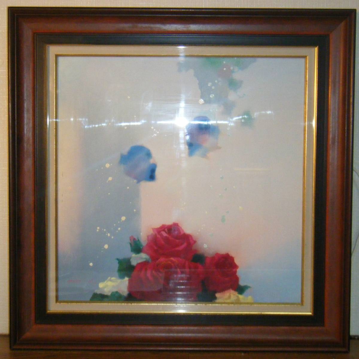 [Genuino] Pintura de Hiroo Miyagawa Pintura al óleo Rosas y peces tropicales Pintura individual en caja N82, Cuadro, Pintura al óleo, Naturaleza muerta